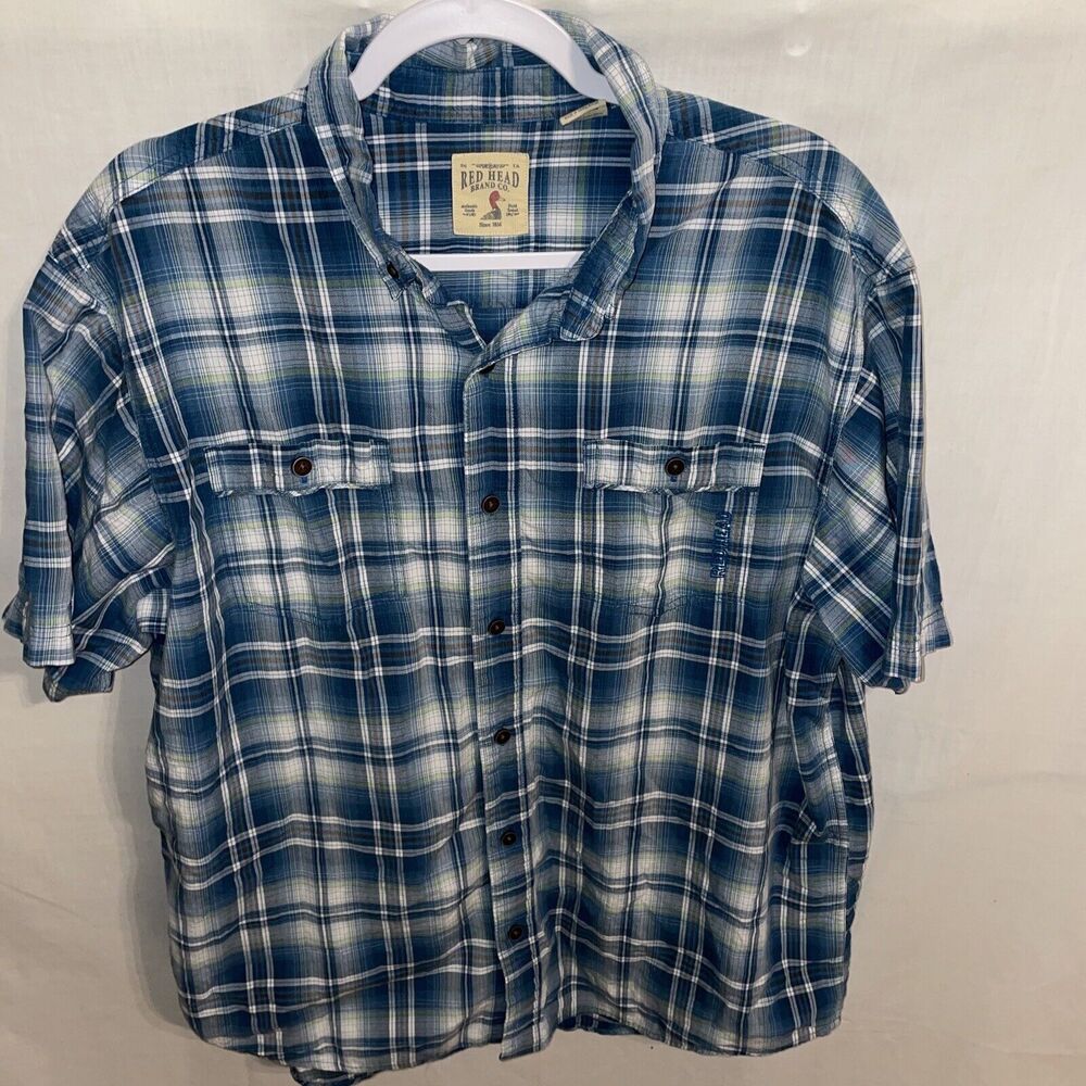 Red Head Casual Shirt Men’s Size XL Blue Striped Short Sleeve Button Up Cotton